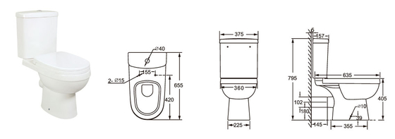 बाथरूम के लिए लम्बी सीट 655*375*795mm टू पीस टॉयलेट Wc